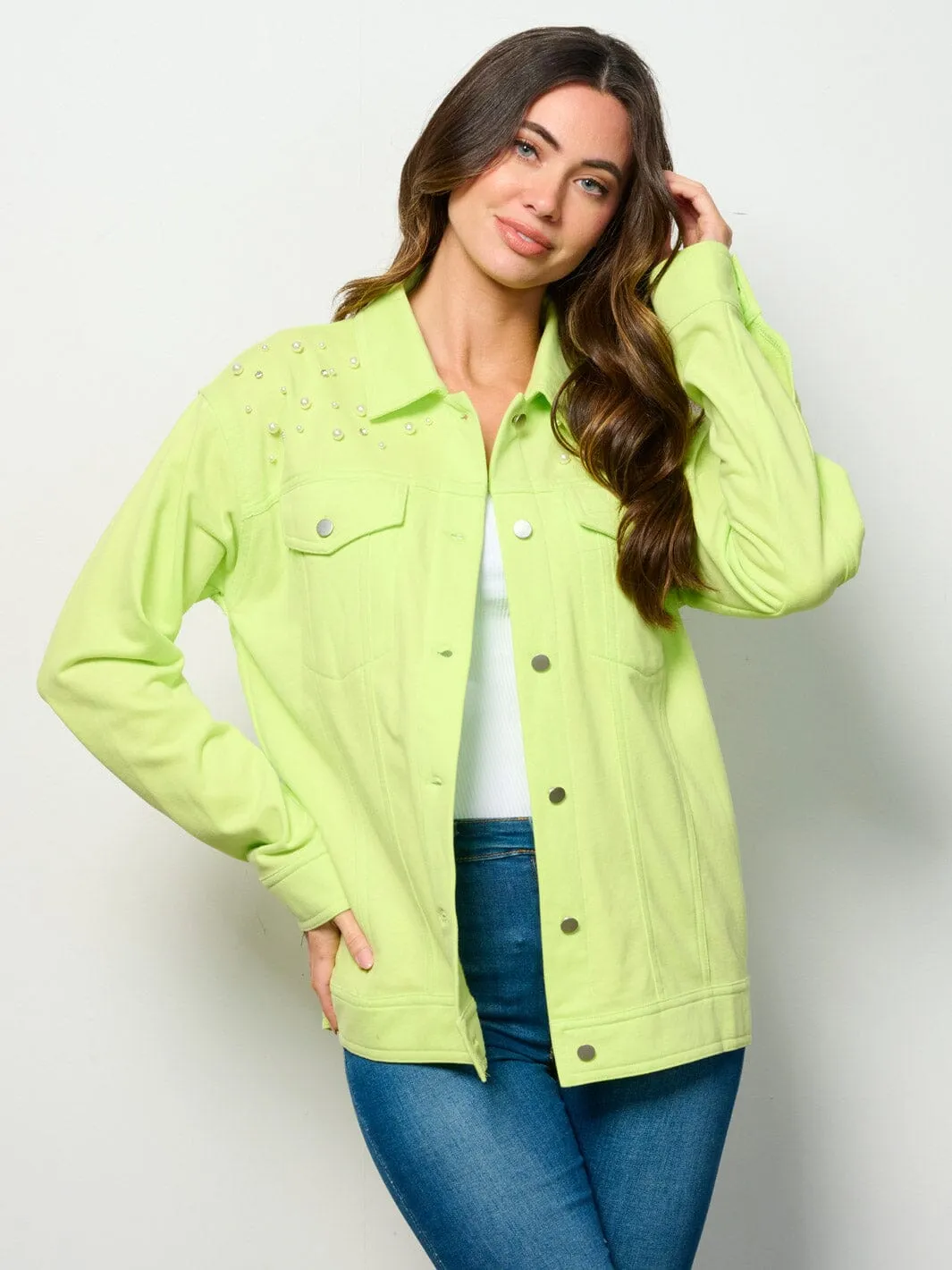 WOMEN'S LONG SLEEVE BUTTON UP POCKETS STUDS DETAILED TOP