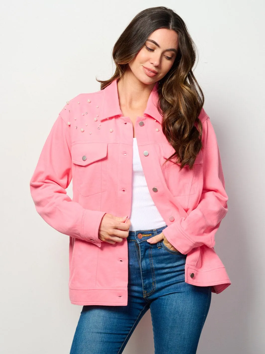 WOMEN'S LONG SLEEVE BUTTON UP POCKETS STUDS DETAILED TOP