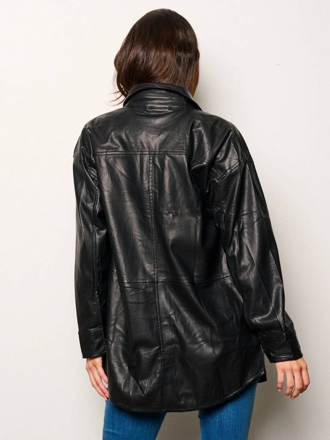 WOMEN'S LONG SLEEVE BUTTON UP PU PLEATHER TOP