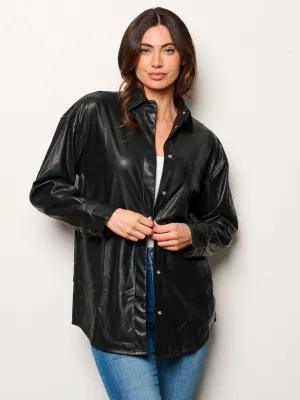 WOMEN'S LONG SLEEVE BUTTON UP PU PLEATHER TOP