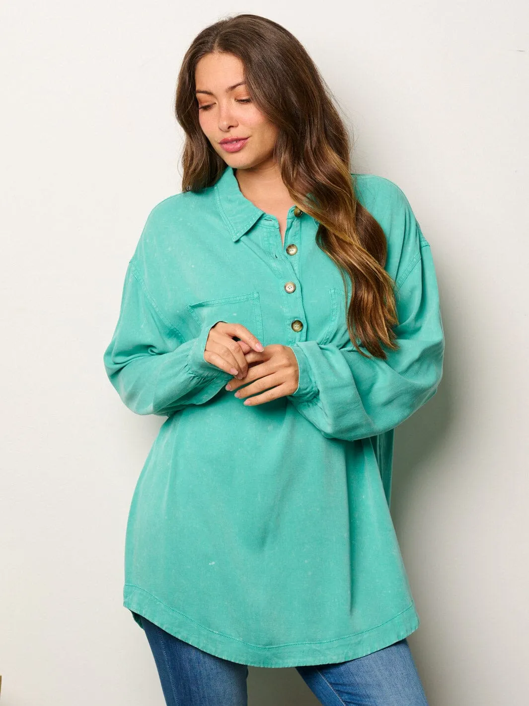 WOMEN'S LONG SLEEVE BUTTONS DETAILED OVERSIZED TUNIC TOP