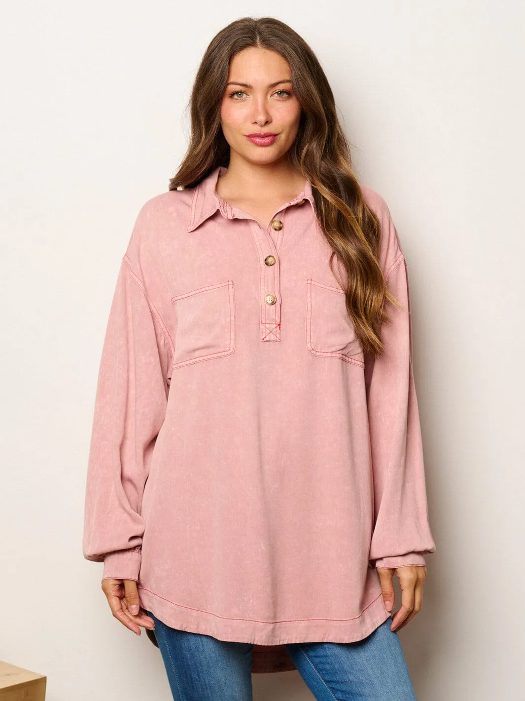 WOMEN'S LONG SLEEVE BUTTONS DETAILED OVERSIZED TUNIC TOP
