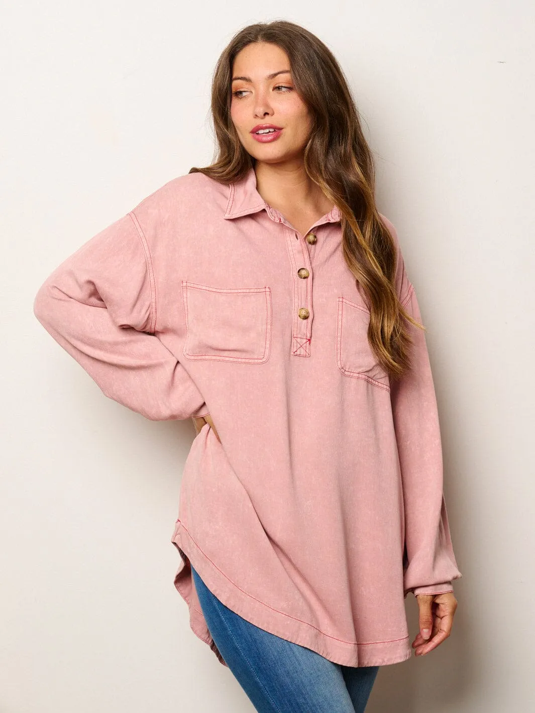 WOMEN'S LONG SLEEVE BUTTONS DETAILED OVERSIZED TUNIC TOP