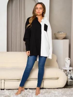 WOMEN'S LONG SLEEVE COLORBLOCK FRONT POCKET OVERSIZED TOP