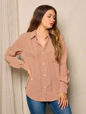 WOMEN'S LONG SLEEVE FRONT POCKET BUTTON UP BLOUSE TOP