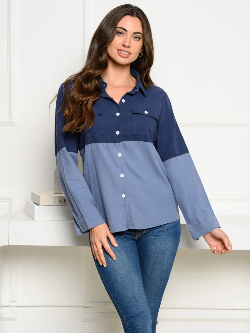 WOMEN'S LONG SLEEVE FRONT POCKET BUTTON UP COLORBLOCK TOP