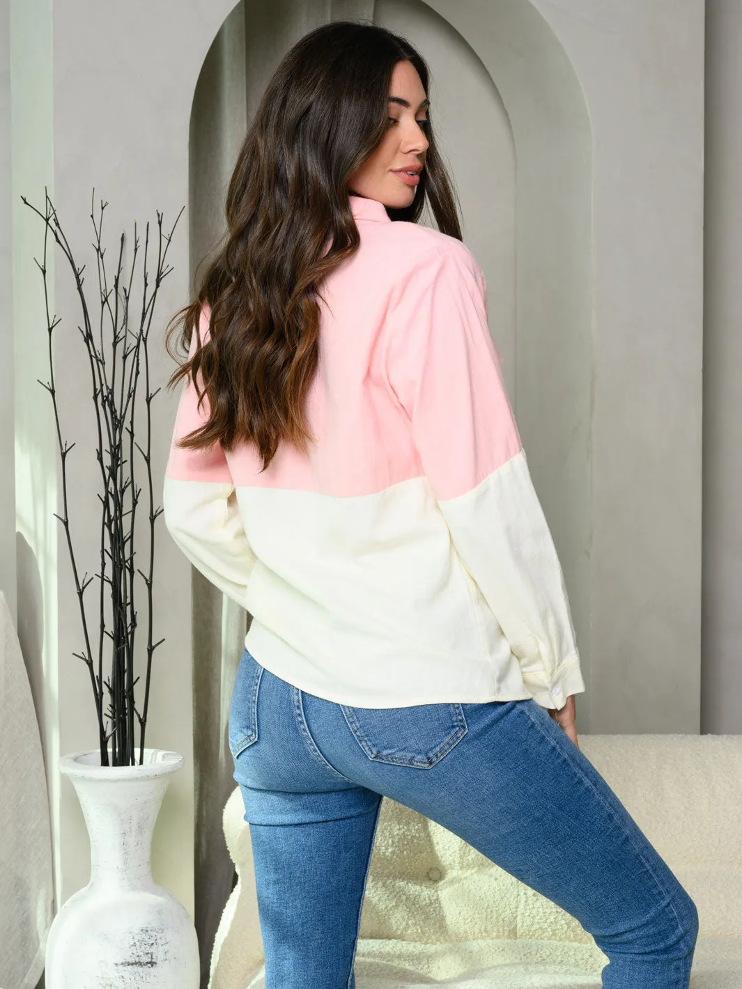 WOMEN'S LONG SLEEVE FRONT POCKET BUTTON UP COLORBLOCK TOP