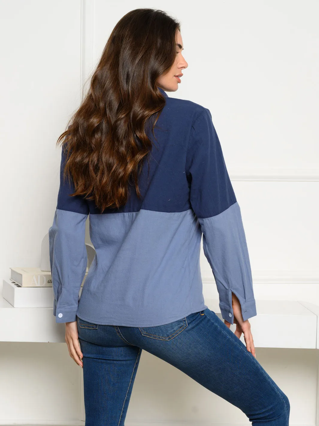 WOMEN'S LONG SLEEVE FRONT POCKET BUTTON UP COLORBLOCK TOP