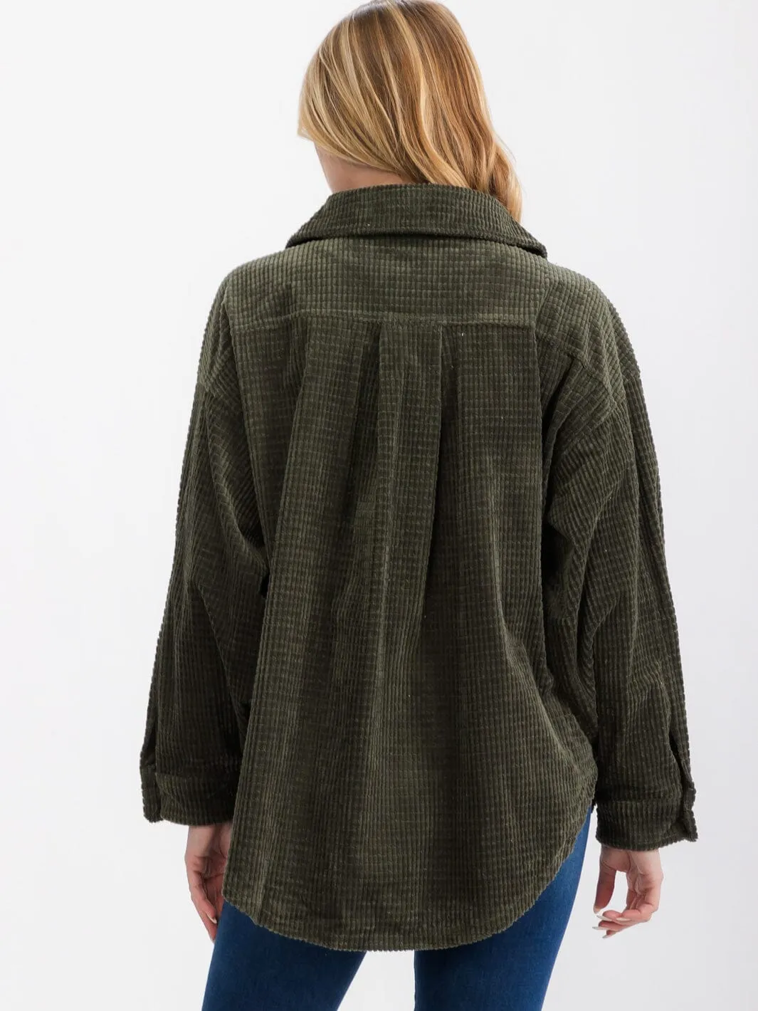 WOMEN'S LONG SLEEVE FRONT POCKETS BUTTON UP OVERSIZED WAFFLE SHACKET