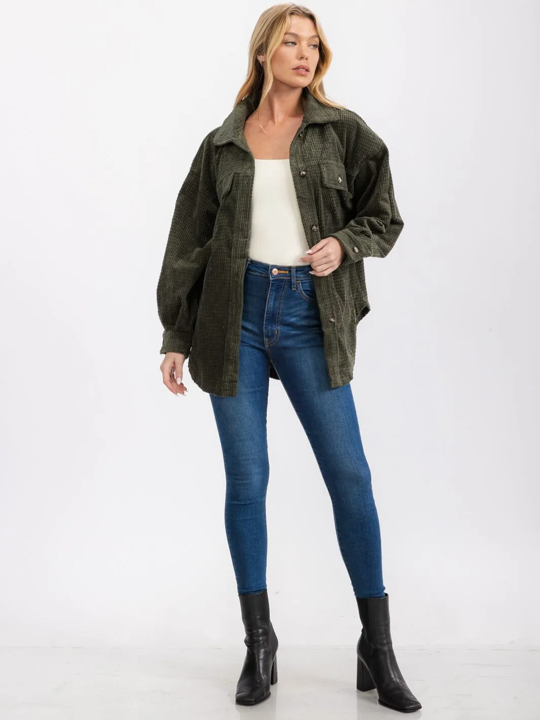 WOMEN'S LONG SLEEVE FRONT POCKETS BUTTON UP OVERSIZED WAFFLE SHACKET