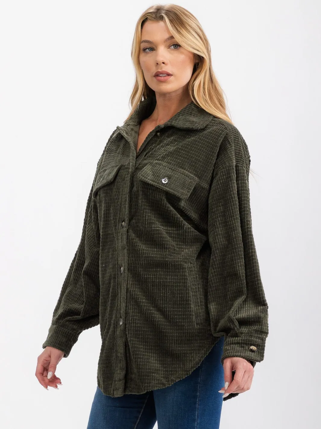 WOMEN'S LONG SLEEVE FRONT POCKETS BUTTON UP OVERSIZED WAFFLE SHACKET