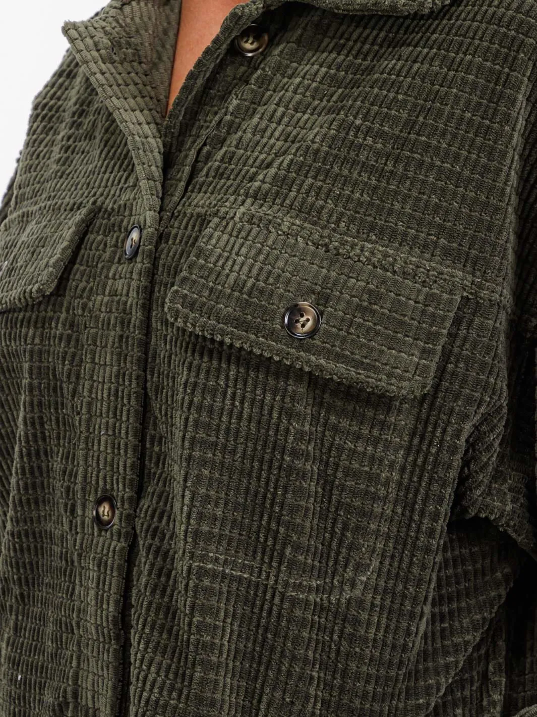 WOMEN'S LONG SLEEVE FRONT POCKETS BUTTON UP OVERSIZED WAFFLE SHACKET