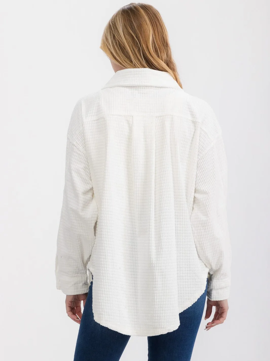 WOMEN'S LONG SLEEVE FRONT POCKETS BUTTON UP OVERSIZED WAFFLE SHACKET