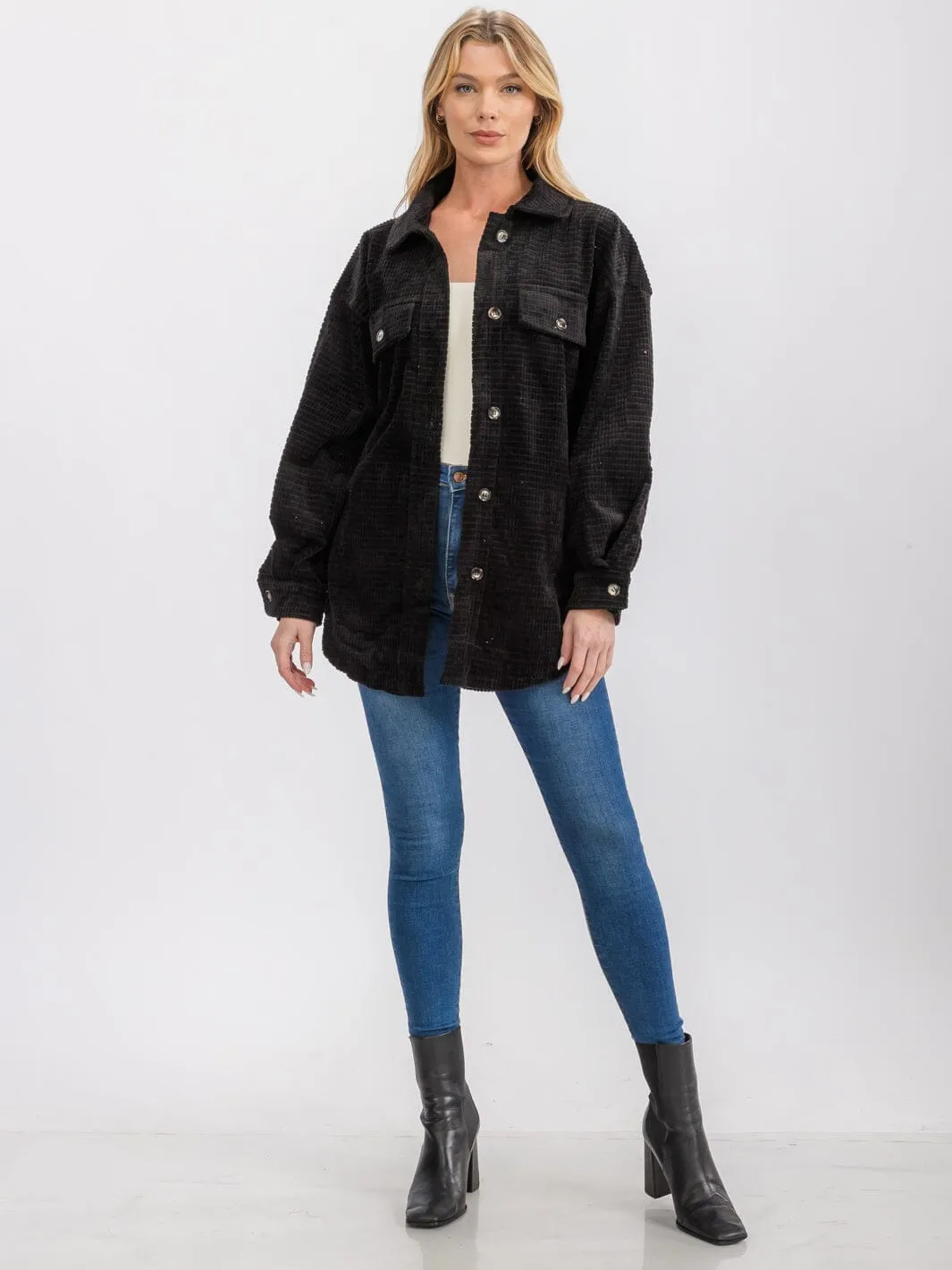 WOMEN'S LONG SLEEVE FRONT POCKETS BUTTON UP OVERSIZED WAFFLE SHACKET