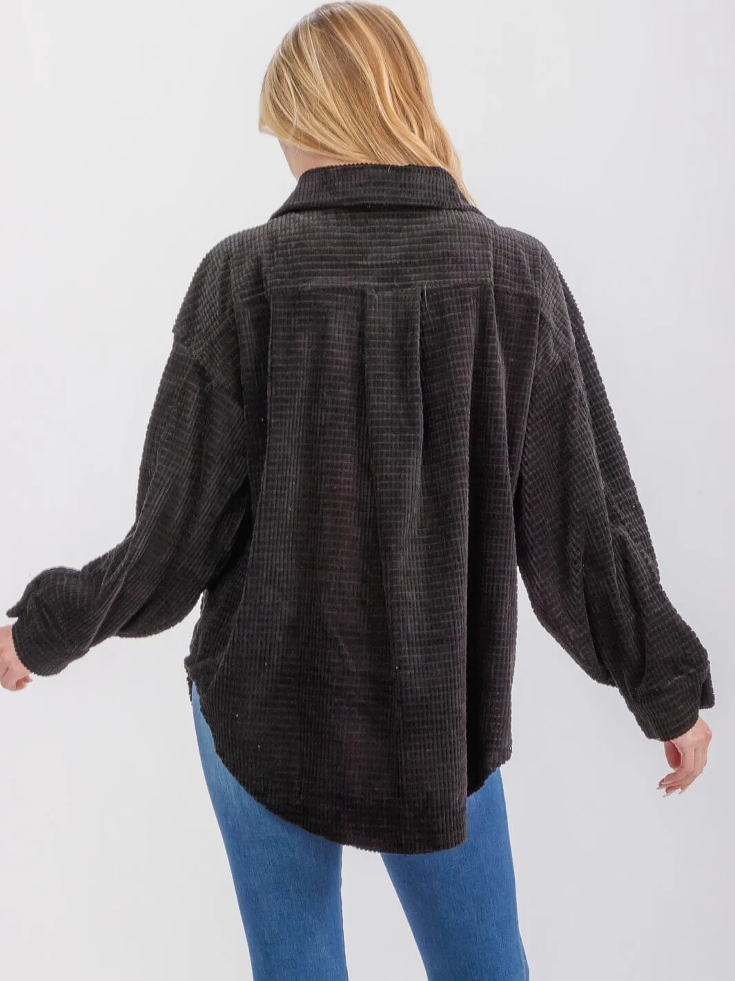 WOMEN'S LONG SLEEVE FRONT POCKETS BUTTON UP OVERSIZED WAFFLE SHACKET