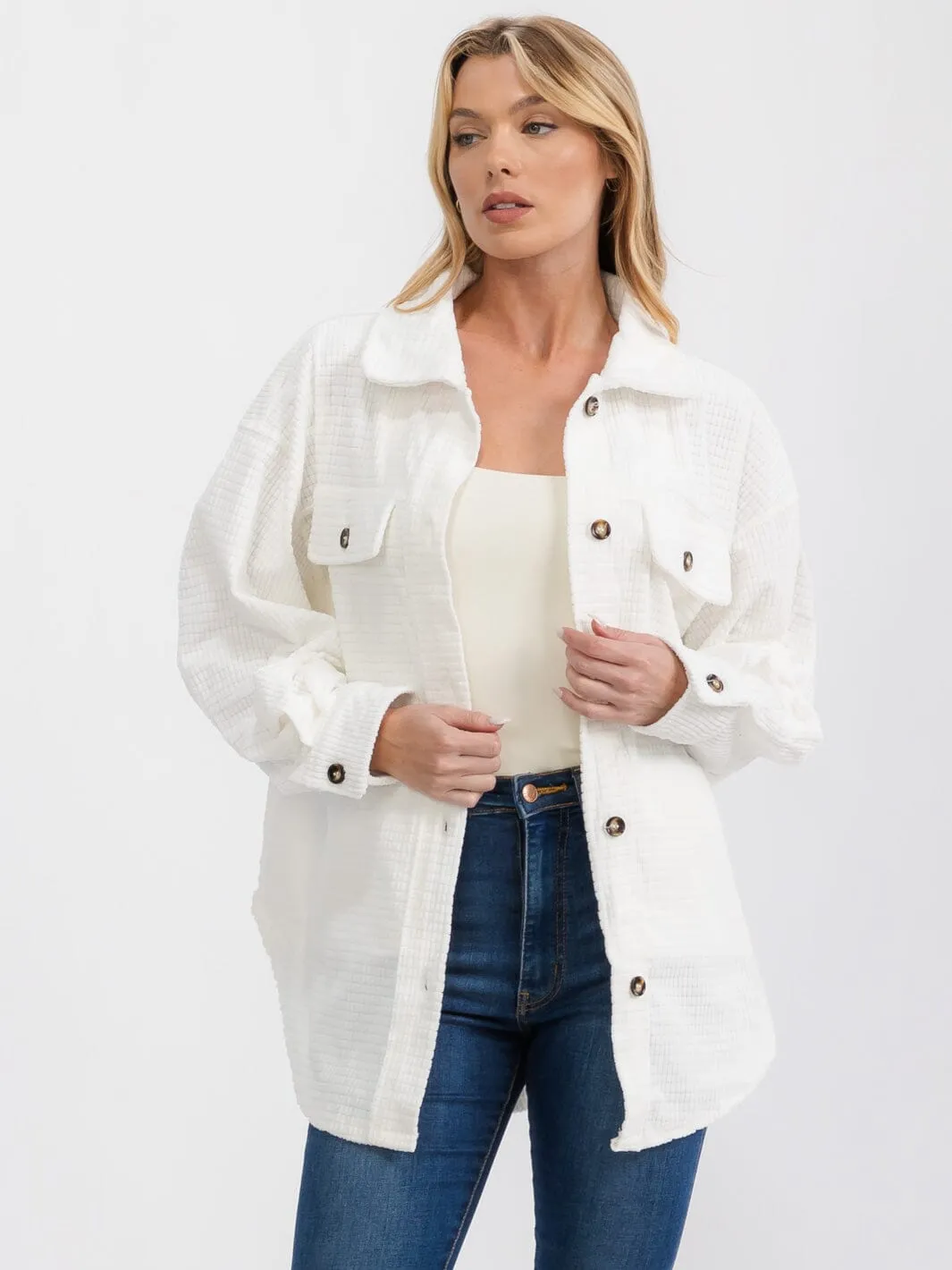 WOMEN'S LONG SLEEVE FRONT POCKETS BUTTON UP OVERSIZED WAFFLE SHACKET