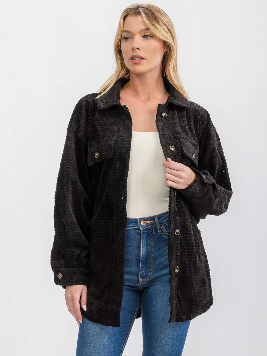 WOMEN'S LONG SLEEVE FRONT POCKETS BUTTON UP OVERSIZED WAFFLE SHACKET