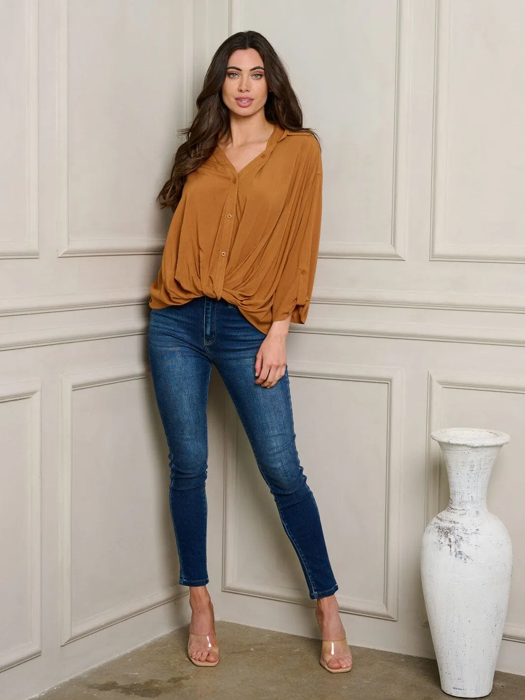 WOMEN'S LONG SLEEVE FRONT TWIST BUTTON UP TOP