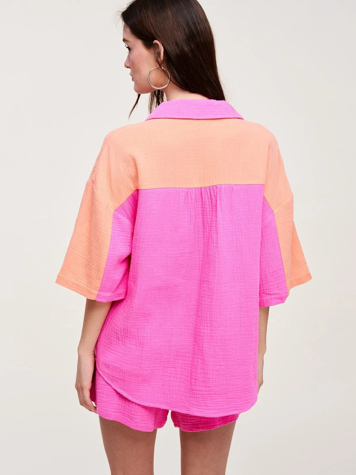 WOMENS SHORT SLEEVE BUTTON UP COLORBLOCK TOP