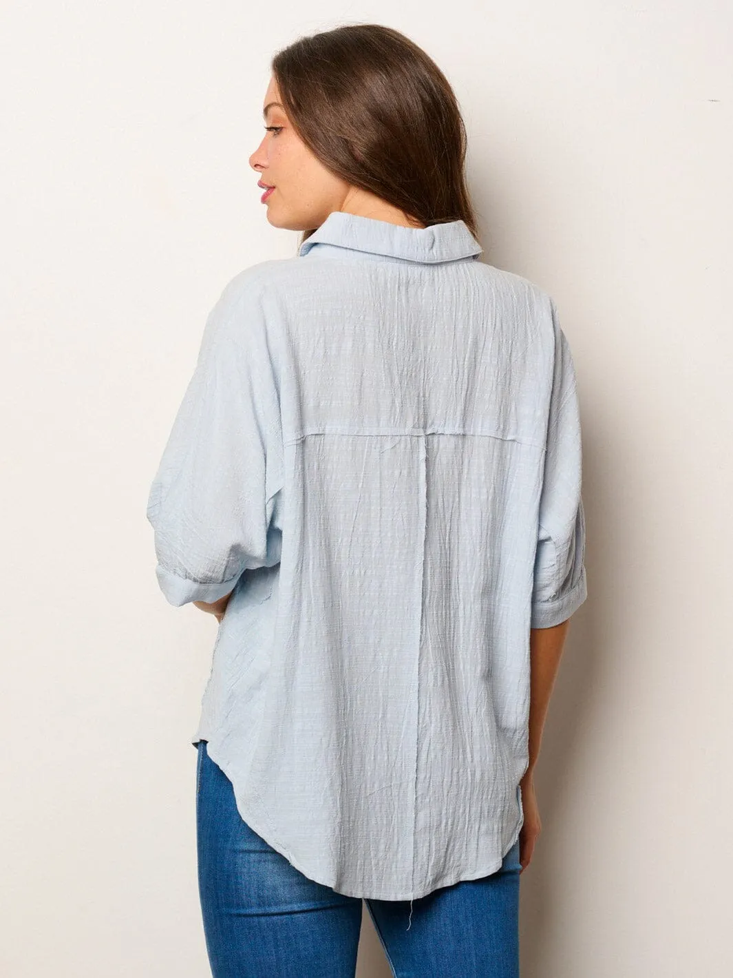 WOMEN'S SHORT SLEEVE BUTTON UP FRONT POCKET LOOSE FIT TOP