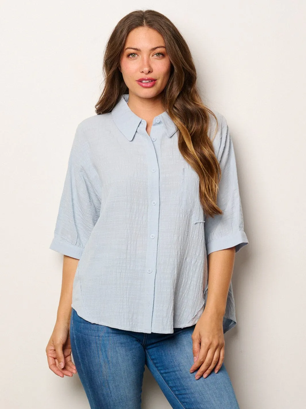 WOMEN'S SHORT SLEEVE BUTTON UP FRONT POCKET LOOSE FIT TOP