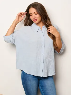 WOMEN'S SHORT SLEEVE BUTTON UP FRONT POCKET LOOSE FIT TOP