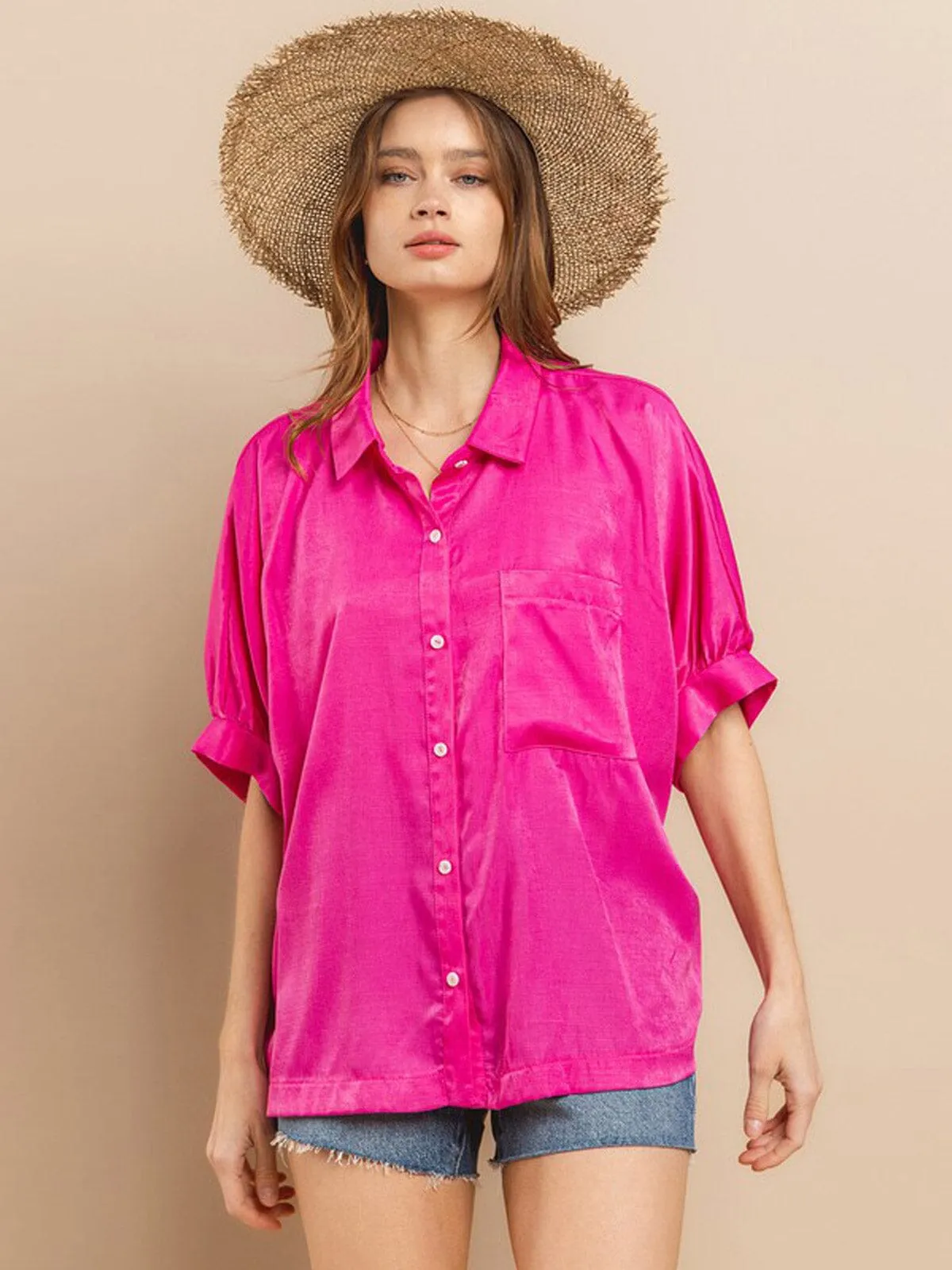 WOMEN'S SHORT SLEEVE FRONT POCKETS BUTTON UP BLOUSE TOP