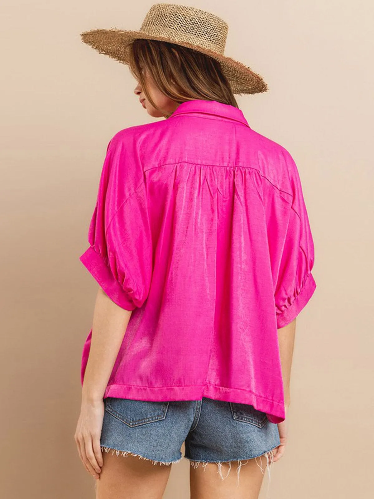 WOMEN'S SHORT SLEEVE FRONT POCKETS BUTTON UP BLOUSE TOP