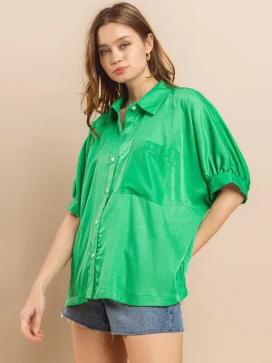 WOMEN'S SHORT SLEEVE FRONT POCKETS BUTTON UP BLOUSE TOP