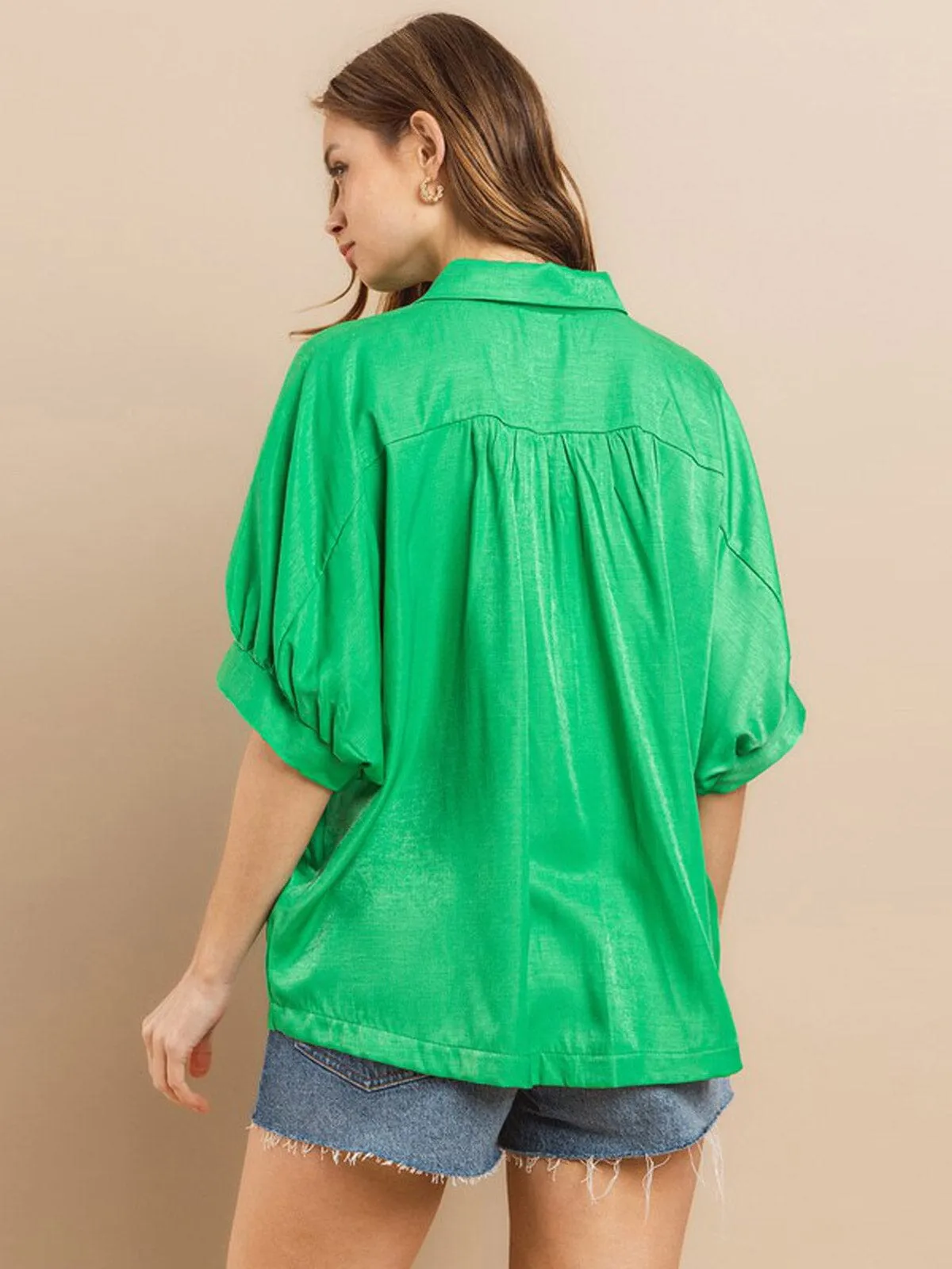 WOMEN'S SHORT SLEEVE FRONT POCKETS BUTTON UP BLOUSE TOP